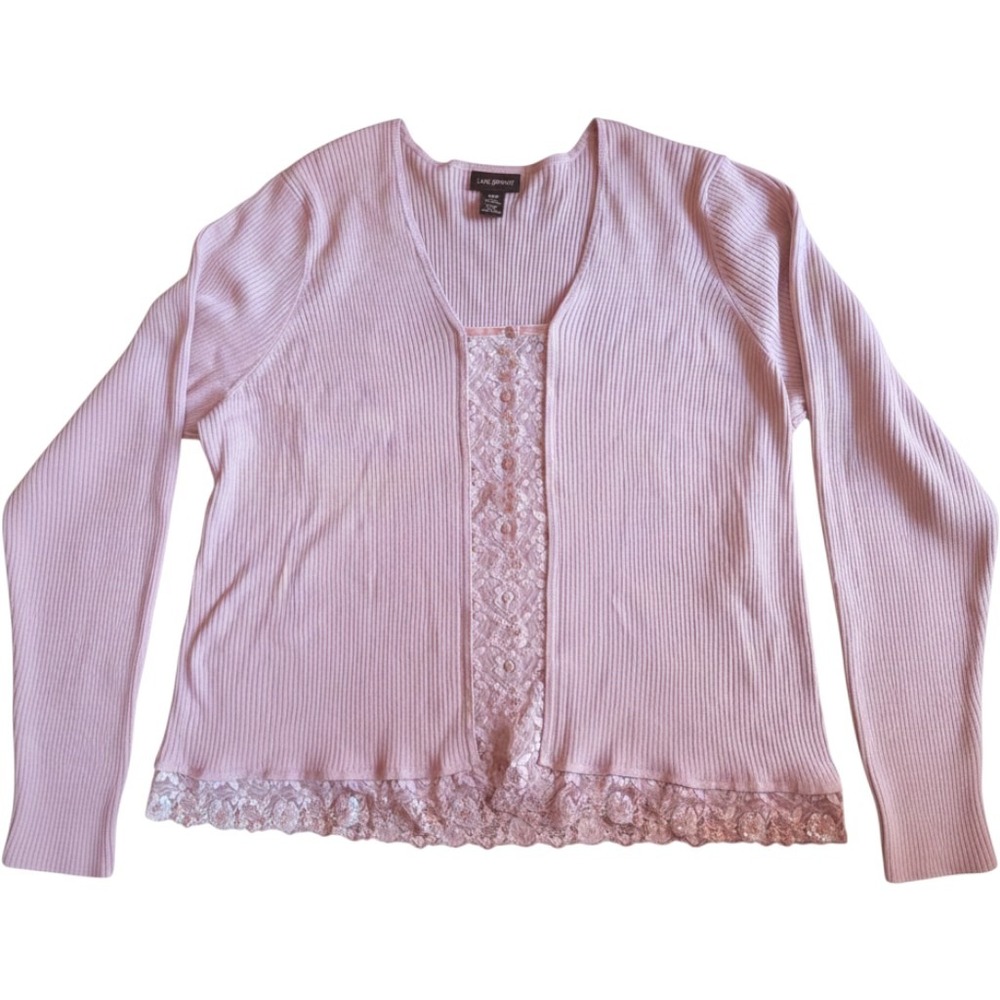 vintage Lane Bryant Pink Ribbed Lace Trim Sequin Layer Cardigan Sweater plus sz